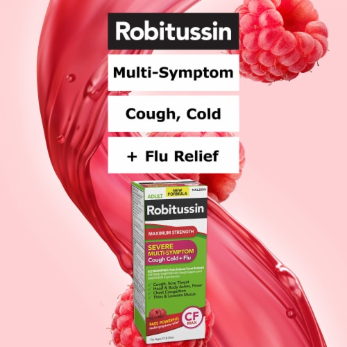 Robitussin CF Max, Severe Cough, Cold and Flu Relief, Dextromethorphan, Raspberry Mint Flavor Syrup Perspective: back