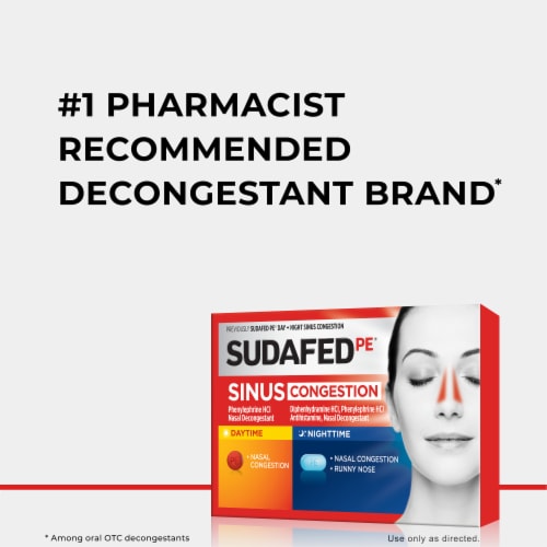 Sudafed PE Sinus Congestion Day + Night Maximum Strength Decongestant Tablets Phenylephrine HCl Perspective: back