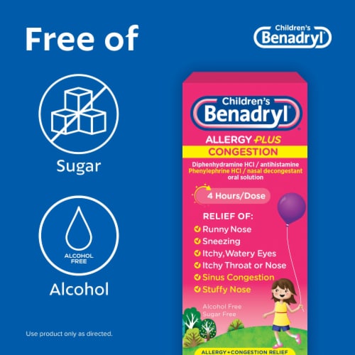 Children's Benadryl Allergy & Congestion Relief Liquid Diphenhydramine HCl & Phenylephrine HCl Grape Perspective: back