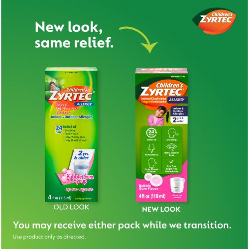 Children's Zyrtec 24 Hour Allergy Relief Dye-Free Sugar-Free Syrup Cetirizine HCl Bubble Gum Flavor Perspective: back