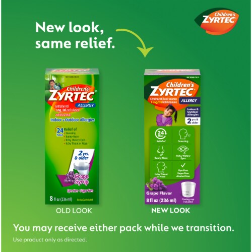 Children's Zyrtec 24 Hour Allergy Relief Dye-Free Sugar-Free Syrup Cetirizine HCl Grape Flavor Perspective: back