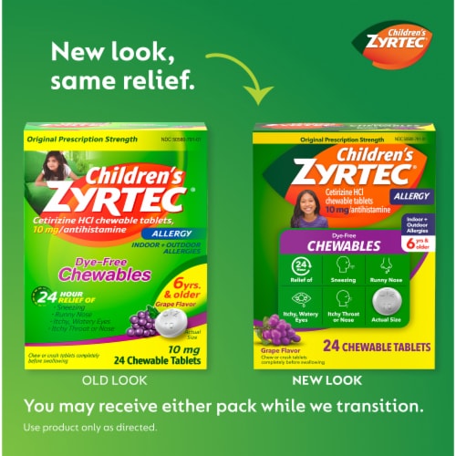 Children's Zyrtec 24 Hour Allergy Relief Dye-Free Chewable Tablets Cetirizine HCl 10 mg Grape Flavor Perspective: back