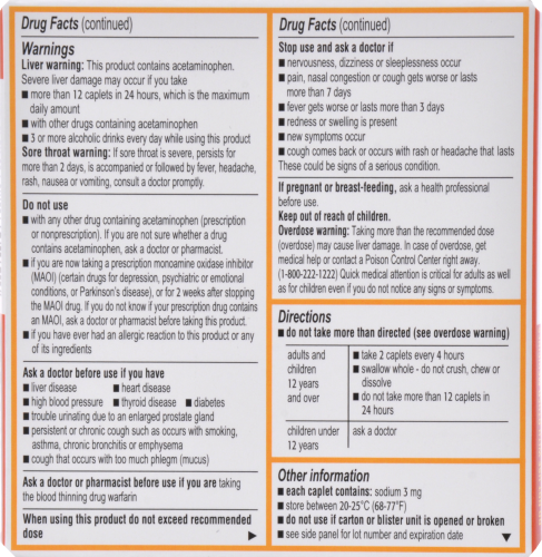 Tylenol Cold & Flu Severe Caplets Perspective: back