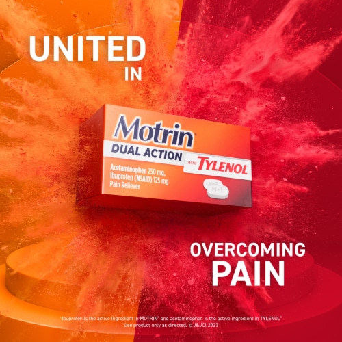 Motrin Dual Action with Tylenol Fast-Acting Dual Action Pain Reliever with Ibuprofen & Acetaminophen Perspective: back