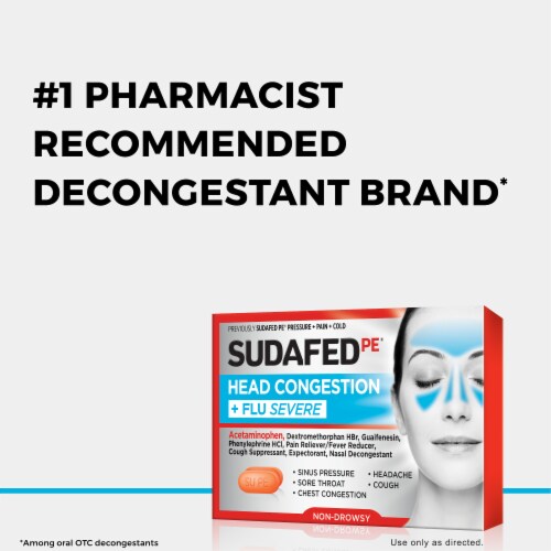 Sudafed PE Head Congestion + Flu Severe Acetaminophen Phenylephrine and Guaifenesin Caplets Perspective: back
