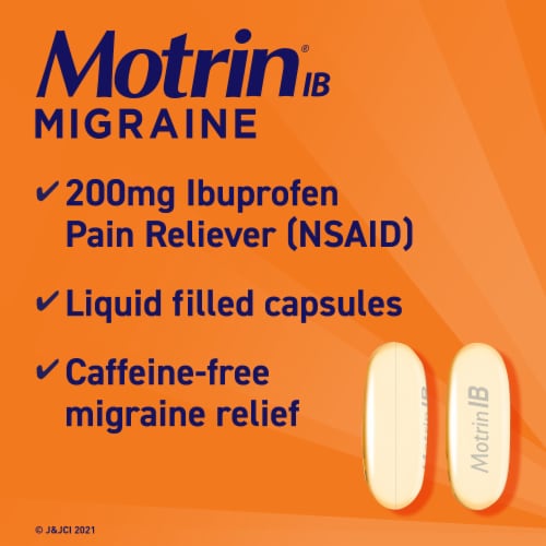 Motrin IB Migraine Relief Liquid Gel Caps, IBuprofen 200 Mg Perspective: back