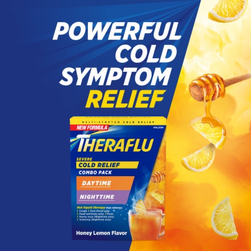 Theraflu Combo Daytime and Nighttime Severe Cold Relief Powder, Honey Lemon Flavor Perspective: back