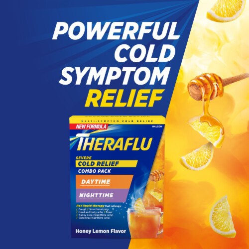Theraflu Combo Daytime and Nighttime Severe Cold Relief Powder, Honey Lemon Flavor Perspective: back