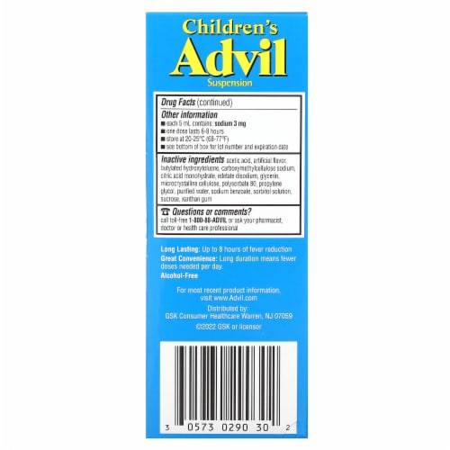Advil Children's Fever White Grape Flavored Ibuprofen Liquid Medicine 100mg Perspective: back