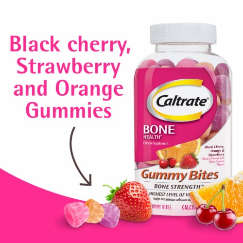Caltrate Calcium and Vitamin D Supplement Black Cherry Strawberry Orange Gummy Bites Perspective: back