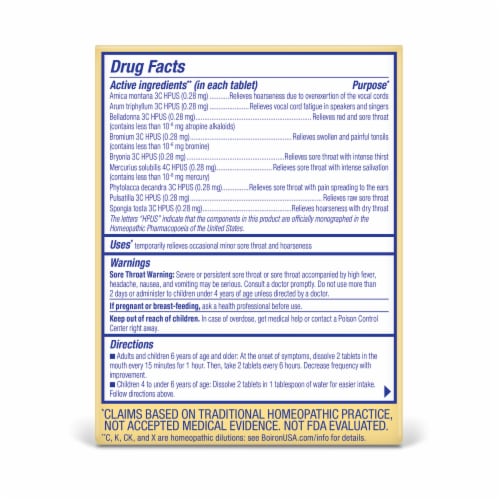 Boiron ThroatCalm Sore Throat Relief Meltaway Tablets Perspective: back
