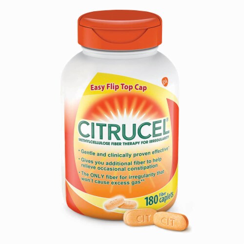 Citrucel Methylcellulose Fiber for Occasional Constipation Relief Orange Flavor Caplets Perspective: back