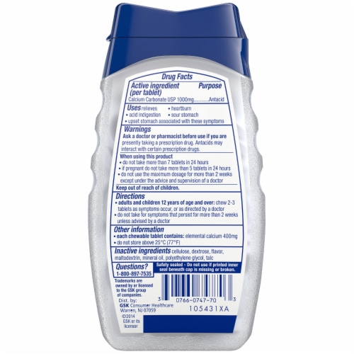 Tums Ultra Strength 1000 Mint Chewable Antacid Tablets Perspective: back