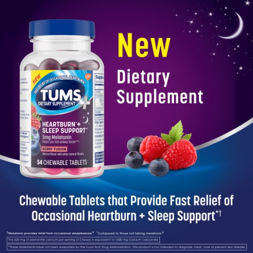 TUMS+ Chewable Chews Occasional Heartburn Relief and Sleep Support Berry Fusion Tablets Perspective: back