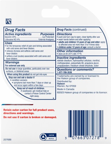 Abreva Cold Sore Rapid Pain Relief Lip Protectant Perspective: back