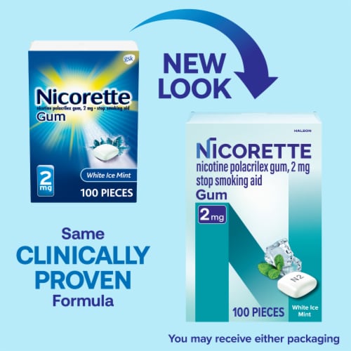 Nicorette Nicotine Gum Stop Smoking Aid 2 mg White Ice Mint Flavor Perspective: back