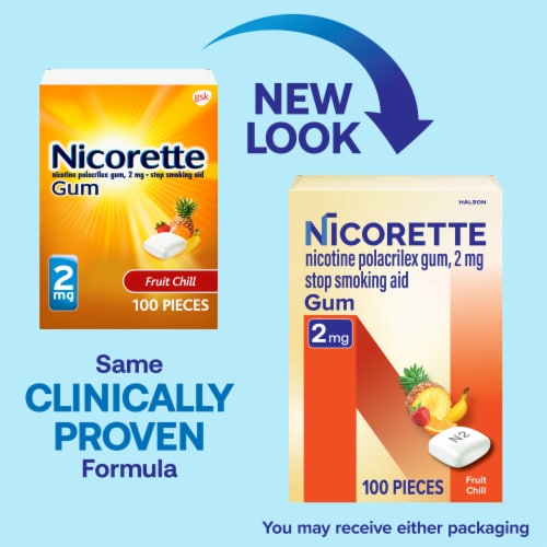 Nicorette Nicotine Gum Stop Smoking Aid 2 mg Fruit Chill Flavor Perspective: back
