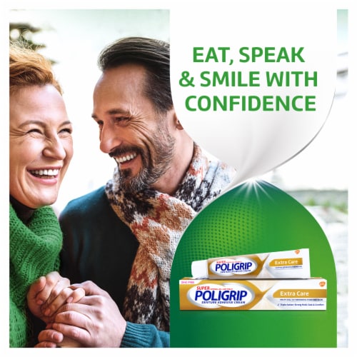 Poligrip, Super Poligrip Extra Care, Denture Adhesive Cream, Flavor Free, Zinc Free Perspective: back