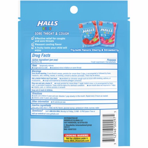 HALLS Kids Cherry Flavor Sore Throat & Cough Suppressant Menthol Pops Perspective: back