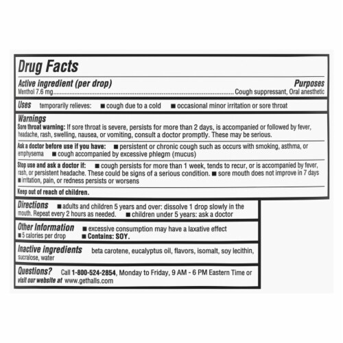 HALLS Relief Sugar Free Honey Lemon Flavor Cough Suppressant Drops Perspective: back