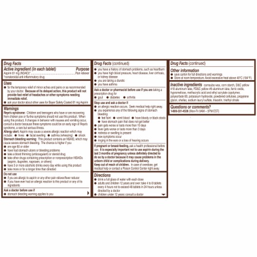 Bayer® Aspirin Low Dose Regimen Pain Reliever Safety Coated Tablets Perspective: back