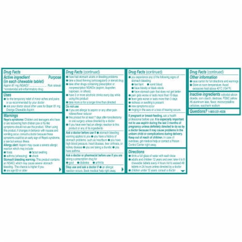 Bayer Chewable Aspirin Regimen Low Dose Pain Reliever Orange Tablets Perspective: back