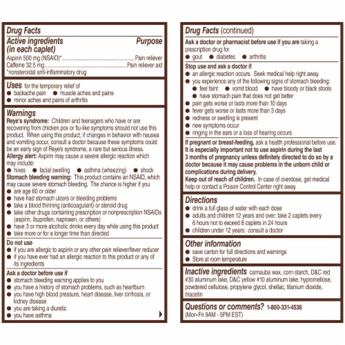 Bayer® Back & Body with Caffine 500mg Asprin Coated Caplets Perspective: back