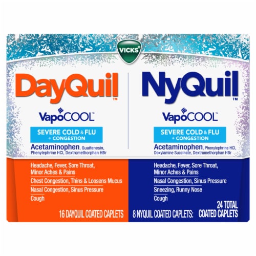 Vicks DayQuil and NyQuil Menthol Flavor VapoCOOL SEVERE Cold Flu and Congestion Medicine Caplets Perspective: back