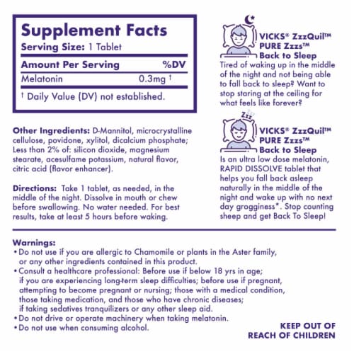 Vicks ZzzQuil PURE Zzzs Low Dose Melatonin Back to Sleep Rapid Dissolve Tablets Perspective: back