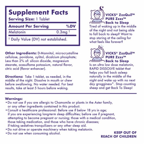 Vicks ZzzQuil PURE Zzzs Low Dose Melatonin Back to Sleep Rapid Dissolve Tablets Perspective: back