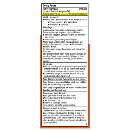 Bactimicina Children's Pain and Fever Reliever Acetaminophen Liquid, Ages 2-11 years, 4 fl oz Perspective: back