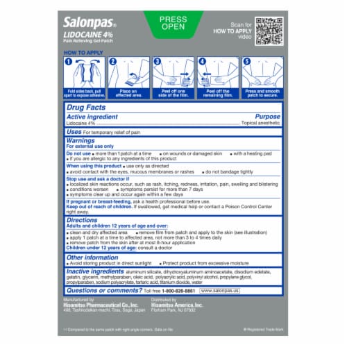 Salonpas® Lidocaine 4% Pain Relieving Gel Patches Perspective: back
