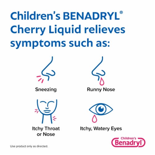 Children's Benadryl Allergy & Cold Relief Liquid Diphenhydramine HCl Cherry Flavor Perspective: back