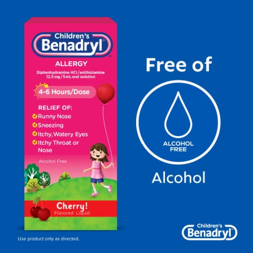 Children's Benadryl Allergy & Cold Relief Liquid Diphenhydramine HCl Cherry Flavor Perspective: back