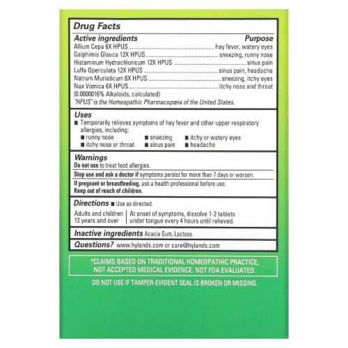 Hyland's Naturals Seasonal Allergy Relief - 60 Quick-Dissolving Tablets Perspective: back