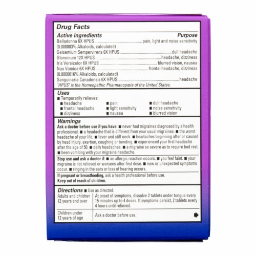 Hyland's Homeopathic Migraine Relief Quick-Dissolving Tablets Perspective: back
