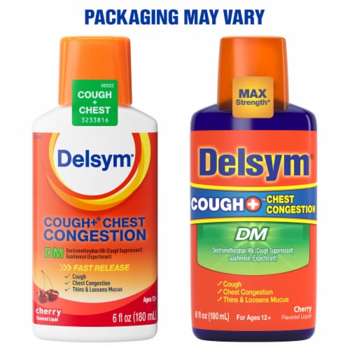Delsym DM Adult Cough + Chest Congestion Cherry Liquid Perspective: back