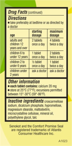 Senokot® Regular Strength Natural Vegetable Laxative Tablets Perspective: back
