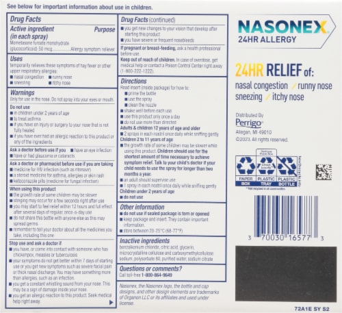 Nasonex 24HR Allergy Nasal Spray, Allergy + Congestion, Mometasone, 120 Spray Count Perspective: back