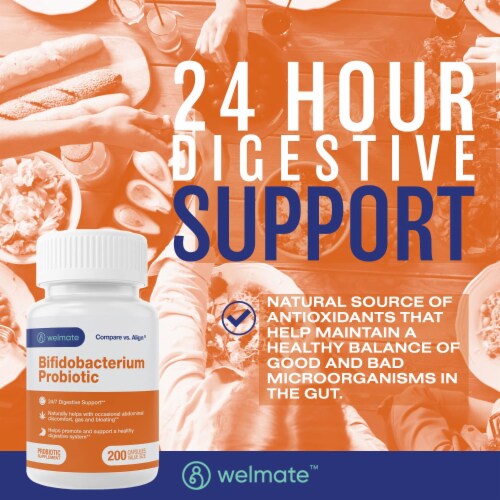 Welmate Bifidobacterium Probiotic | 200 Count Capsules | 24/7 Digestive Support Perspective: back