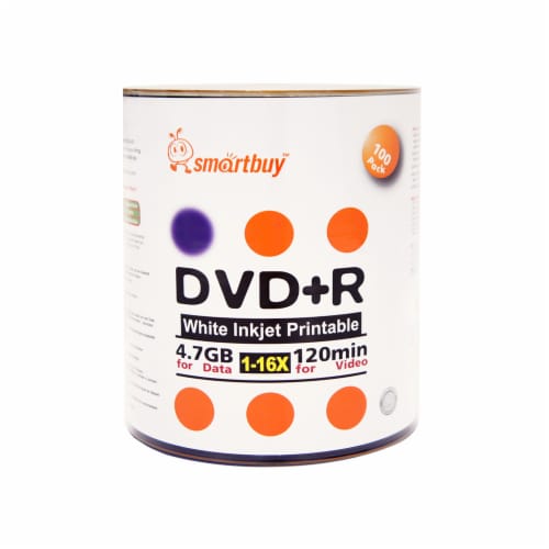 100 Pack Smartbuy 16X DVD+R 4.7GB White Inkjet Hub Printable Data Video Blank Recordable Disc Perspective: back