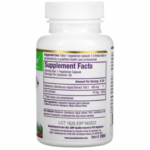Paradise Herbs Elderberry + with Zinc Supplement Vegetarian Capsules Perspective: back