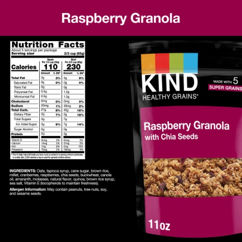 KIND HEALTHY GRAINS Granola, Healthy Snack, Raspberry Granola with Chia Seeds, Snack Mix 11 OZ