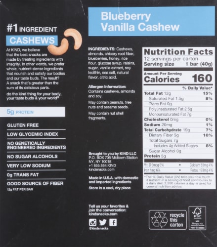 KIND Blueberry Vanilla & Cashew Fruit & Nut Bars Perspective: back