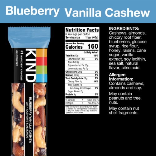KIND Blueberry Vanilla Cashew Protein Fruit and Nut Bars Perspective: back