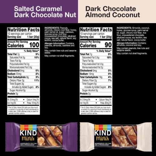 KIND Minis Gluten Free Salted Caramel Dark Chocolate Nut and Dark Chocolate Almond Coconut Bars Perspective: back