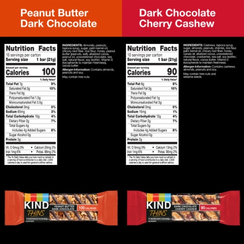 KIND Thins Peanut Butter & Cherry Cashew Dark Chocolate Nut Bars Variety Pack Perspective: back