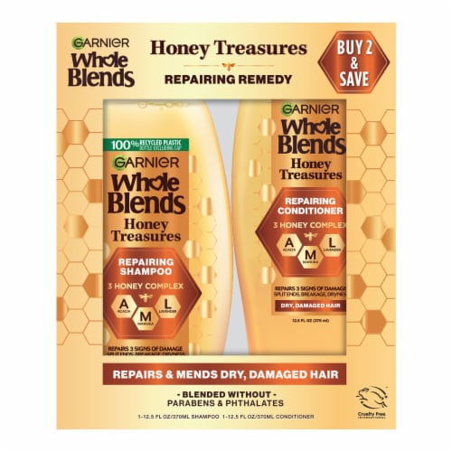 Garnier Whole Blends Honey Treasures Repairing Shampoo and Conditioner Set for Dry, Damaged Hair Perspective: back