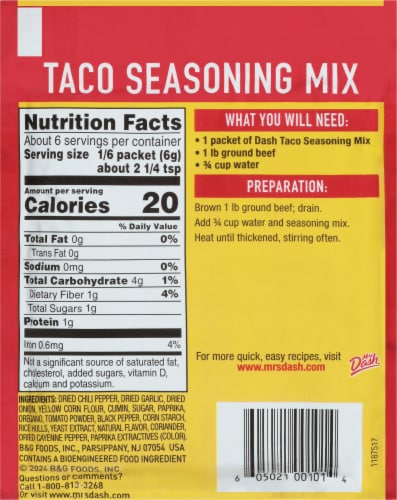 Mrs. Dash Salt Free Taco Seasoning Mix Perspective: back