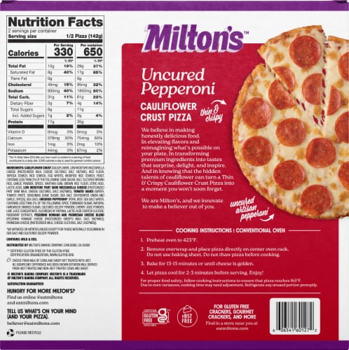 Milton's Craft Bakers® Uncured Pepperoni Cauliflower Crust Frozen Pizza Perspective: back